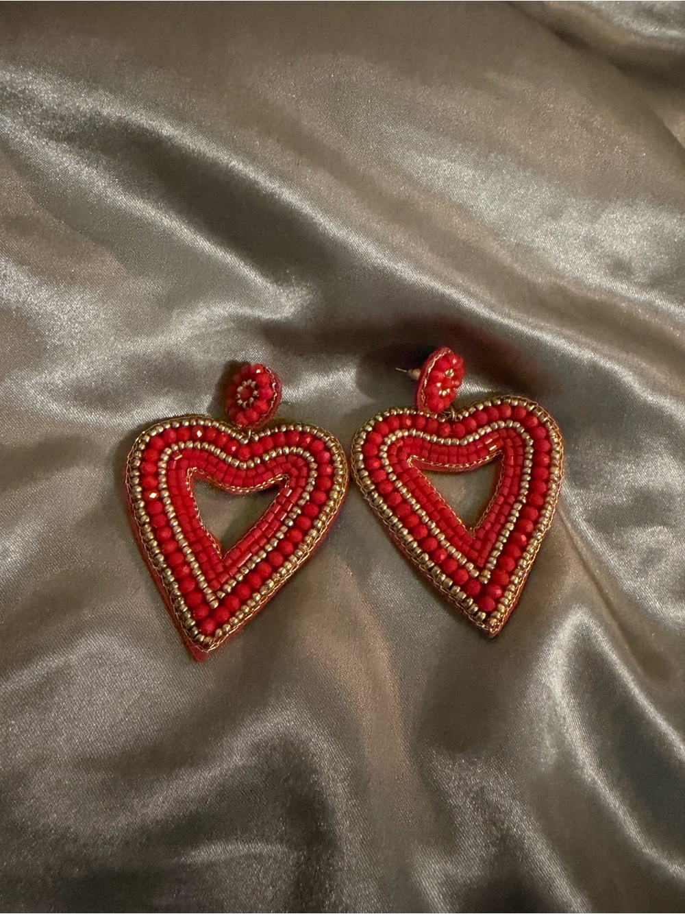 Red Beaded Heart Drop Earrings - Unbranded
